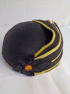 Vintage Hat Women Black Gold Flower Taiwan Classic